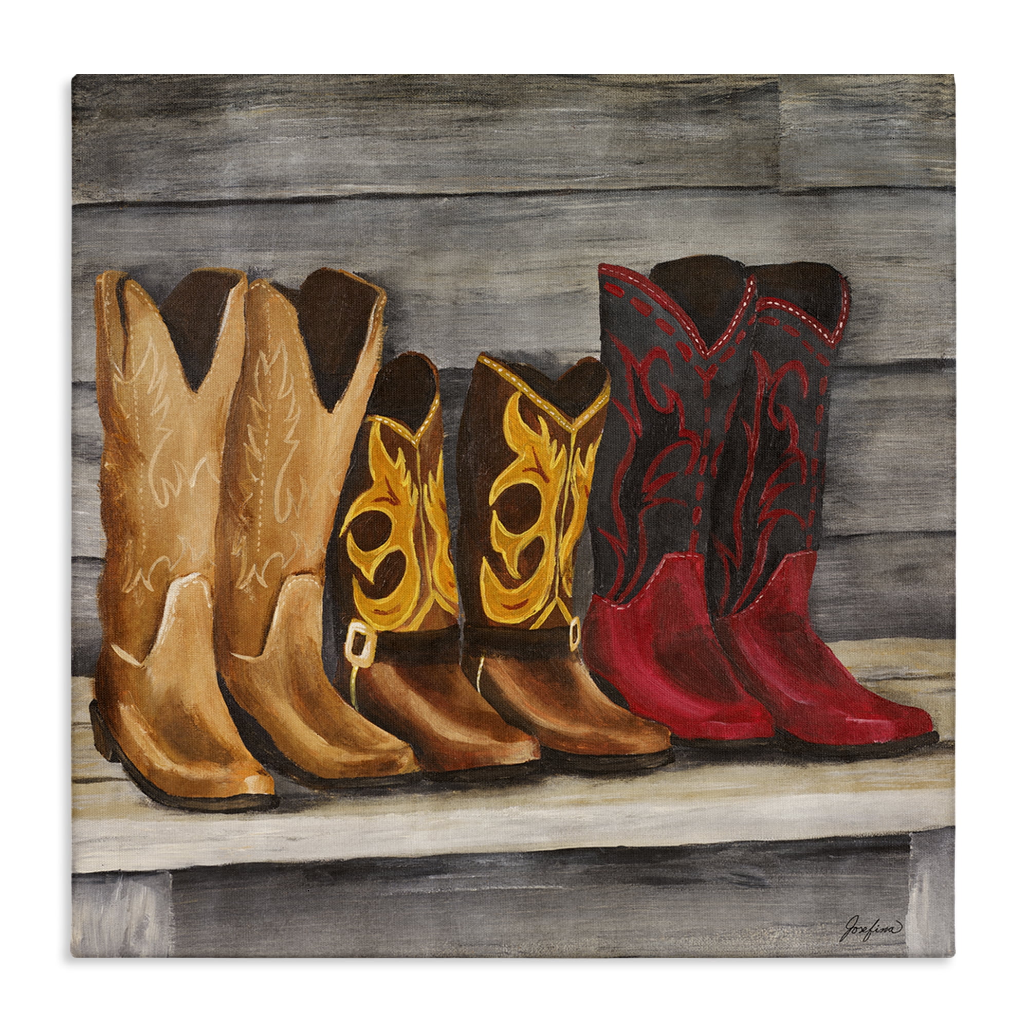 Stupell Industries Lined Up Cowboy Boots Entertainment Painting Wrapped Canvas Art Print Wall Art, 30 x 30