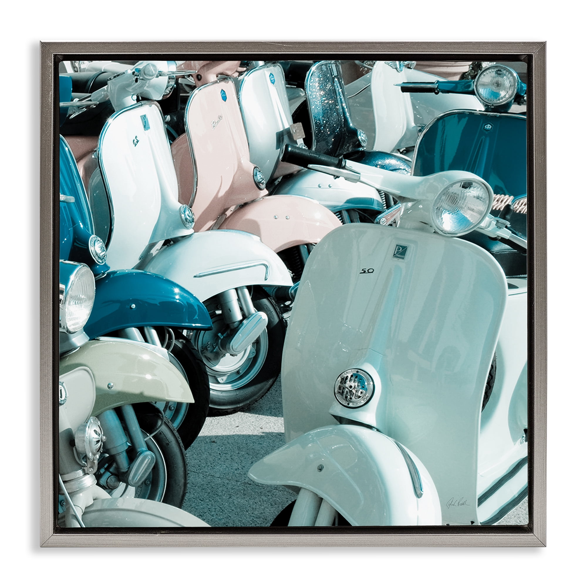 Stupell Industries Lined Up Italian Scooters Transportation Photography Gray Floater Framed Canvas Art Print Wall Art, 18 x 18