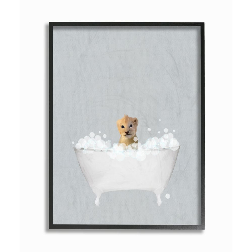 Stupell Industries Lion Blue Bath Cute Animal Design Graphic Art Black Framed Art Print Wall Art, 11x14, by Leah Straatsma