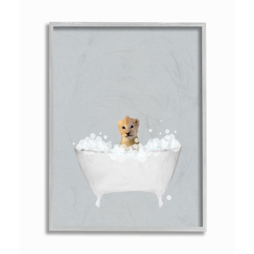 Stupell Industries Lion Blue Bath Cute Animal Design Graphic Art Gray Framed Art Print Wall Art, 11x14, by Leah Straatsma
