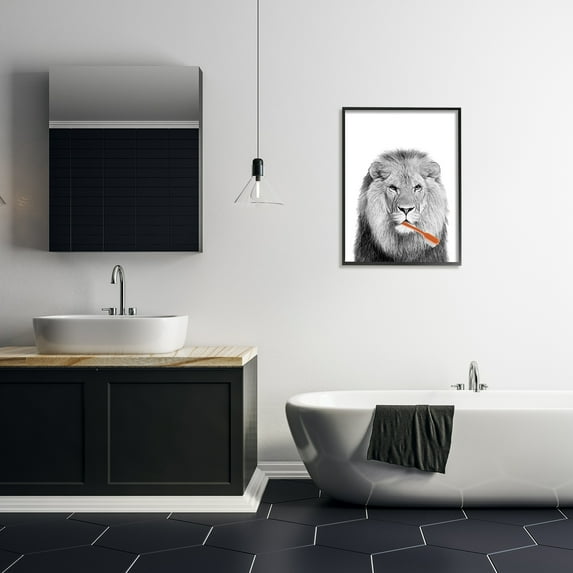 Stupell Industries Lion Brushing Teeth Bathroom Animals & Insects Painting Black Framed Art Print Wall Art