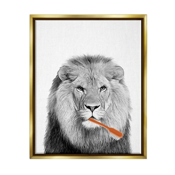 Stupell Industries Lion Brushing Teeth Bathroom Animals & Insects Painting Gold Floater Framed Art Print Wall Art