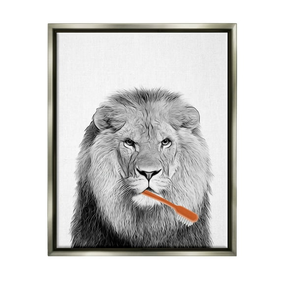 Stupell Industries Lion Brushing Teeth Bathroom Animals & Insects Painting Gray Floater Framed Art Print Wall Art