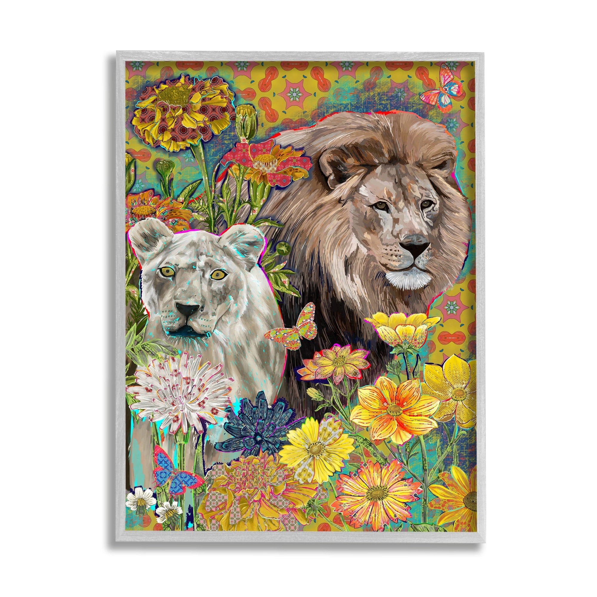 Stupell Industries Lion Couple Behind Tropical Florals Arabesque Pattern Grey Framed, 16 x 20, Design by Sangita Bachelet