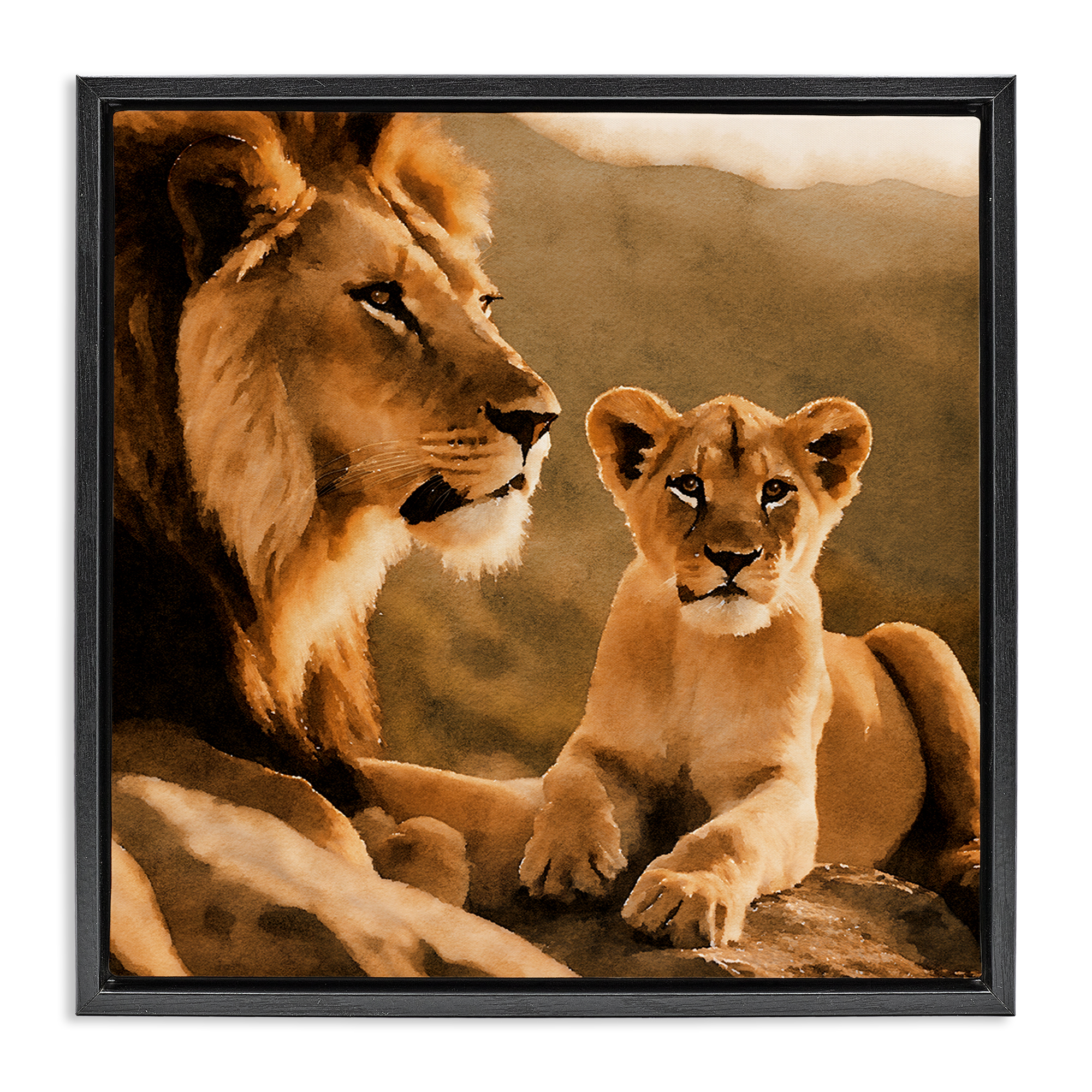Stupell Industries Lion & Cub Portrait Animals Painting Black Floater Framed Canvas Art Print Wall Art, 18 x 18