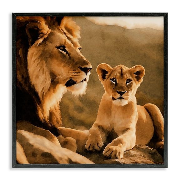 Stupell Industries Lion & Cub Portrait Animals Painting Black Framed Art Print Wall Art, 12 x 12