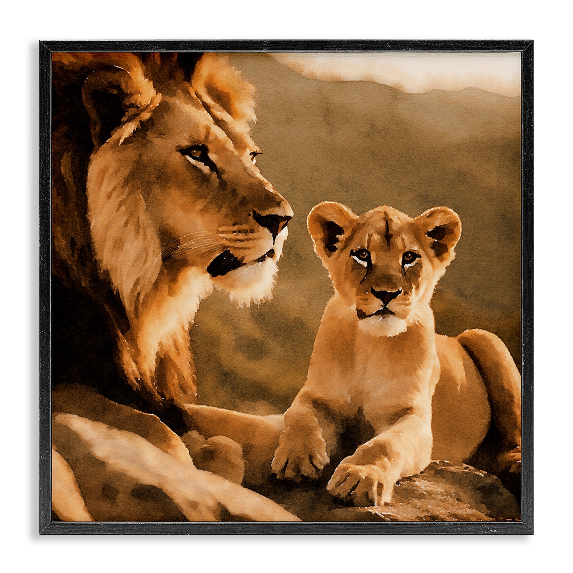 Stupell Industries Lion & Cub Portrait Animals Painting Black Framed Art Print Wall Art, 24 x 24