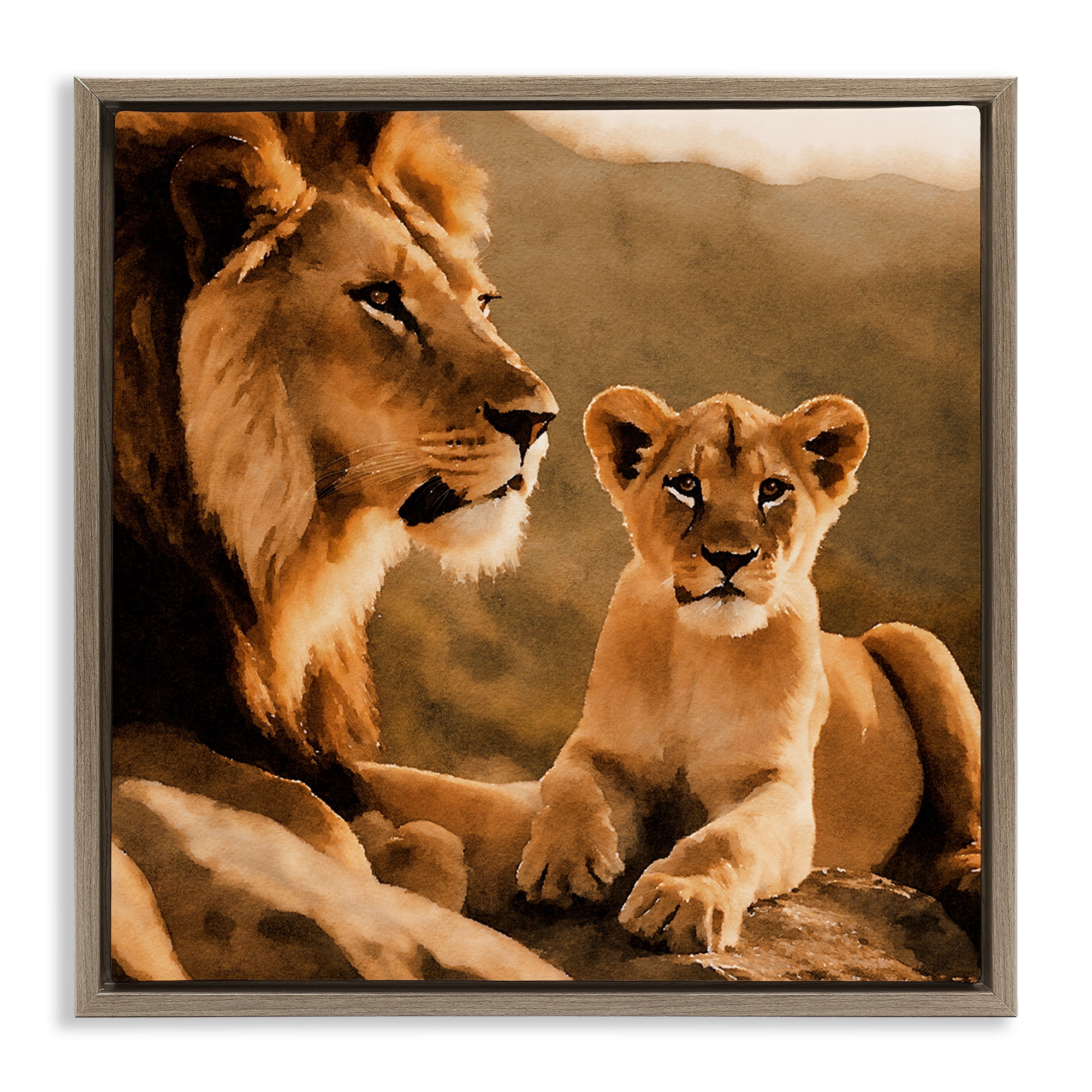 Stupell Industries Lion & Cub Portrait Animals Painting Brown Floater Framed Canvas Art Print Wall Art, 25 x 25