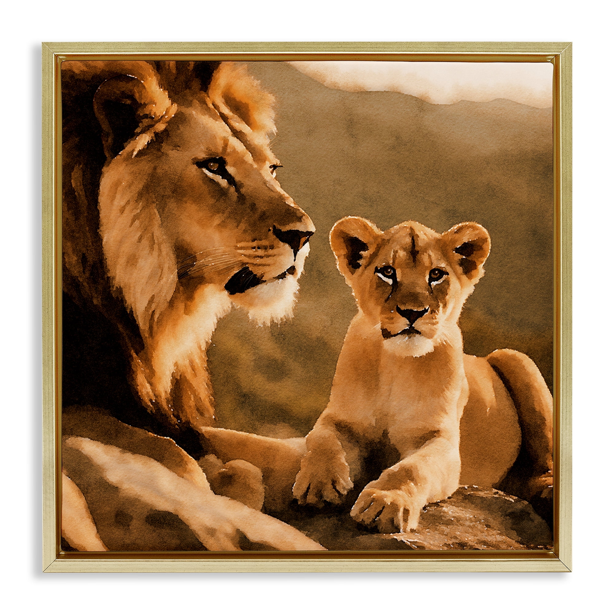 Stupell Industries Lion & Cub Portrait Animals Painting Gold Floater Framed Canvas Art Print Wall Art, 25 x 25