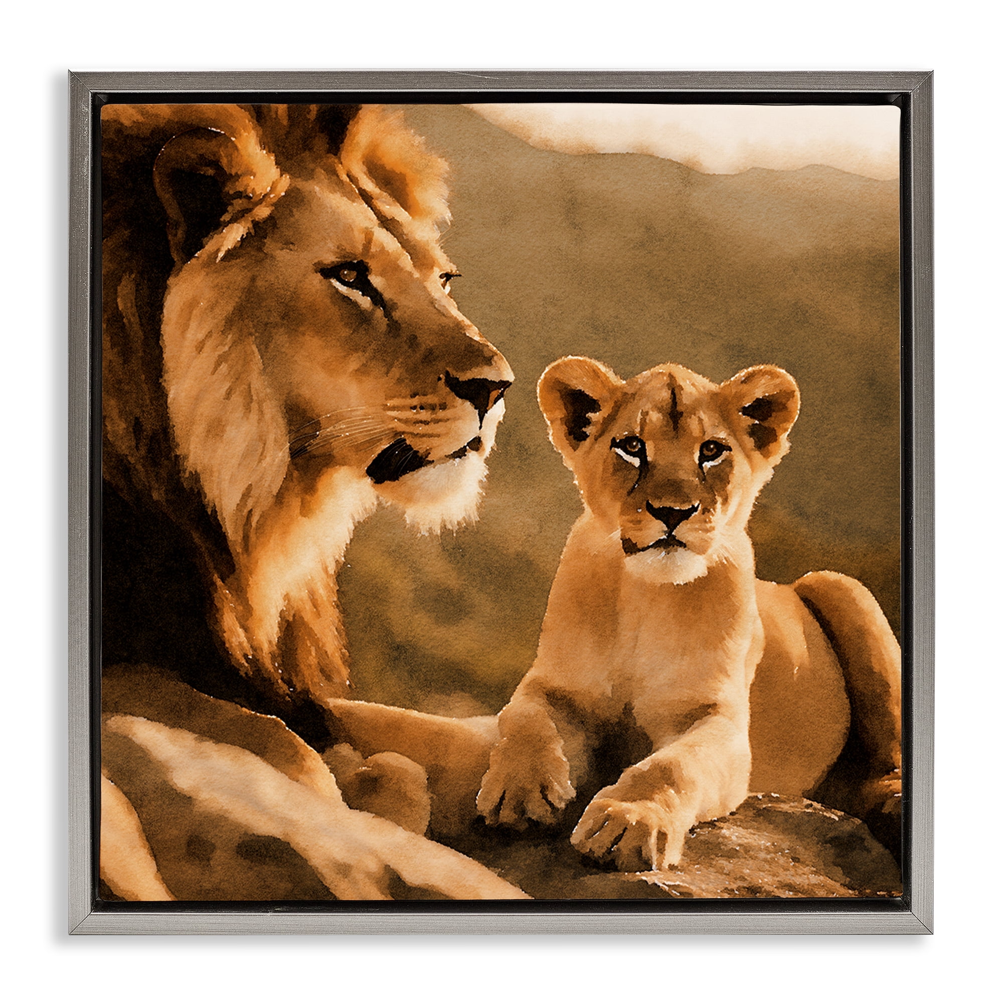 Stupell Industries Lion & Cub Portrait Animals Painting Gray Floater Framed Canvas Art Print Wall Art, 18 x 18
