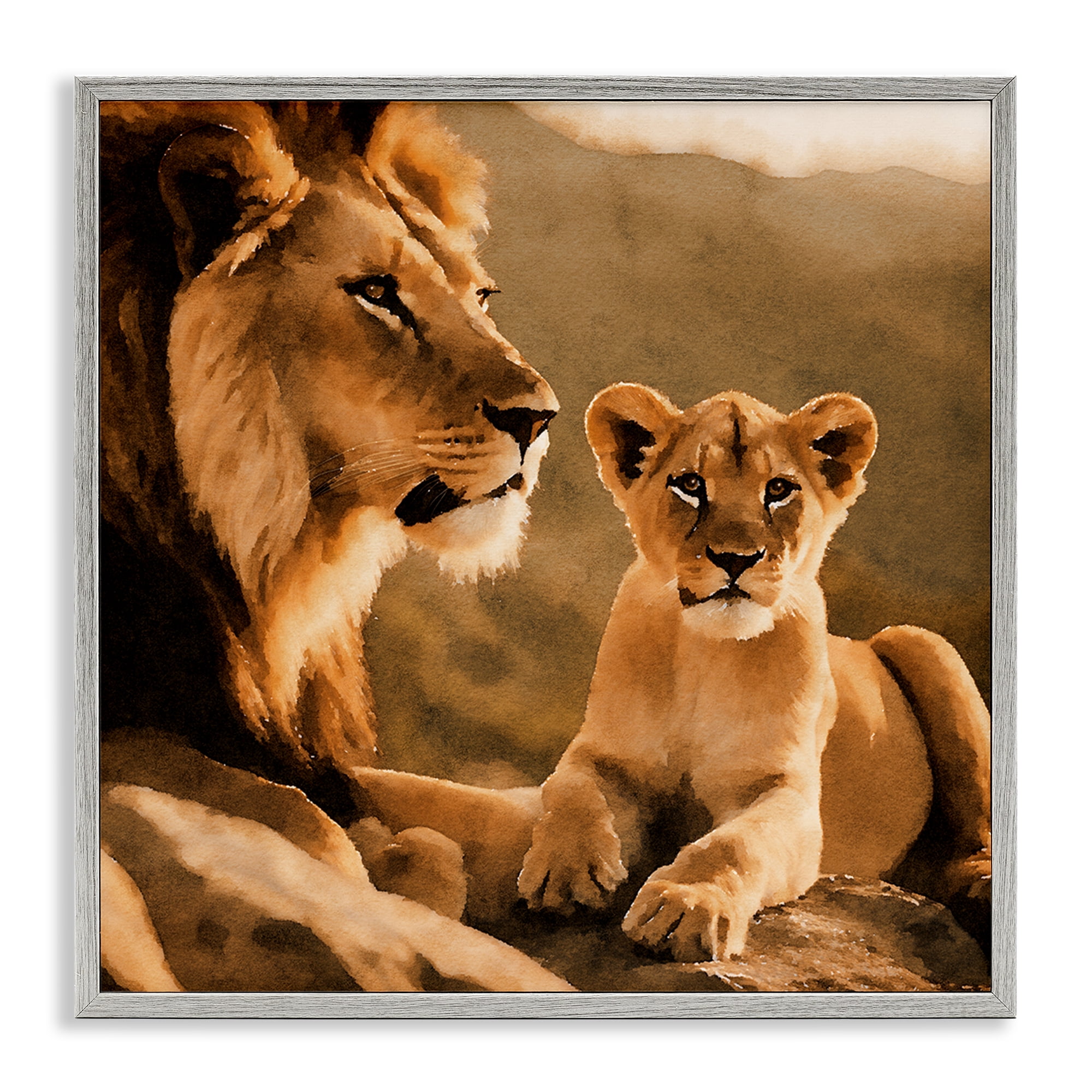 Stupell Industries Lion & Cub Portrait Animals Painting Gray Framed Art Print Wall Art, 17 x 17