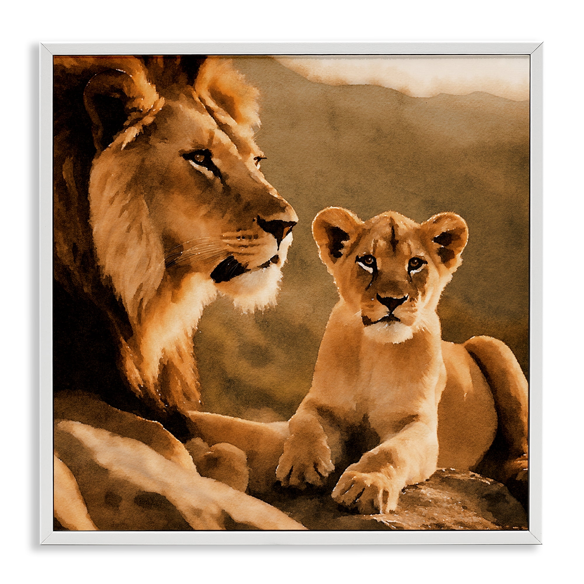 Stupell Industries Lion & Cub Portrait Animals Painting White Framed Art Print Wall Art, 24 x 24