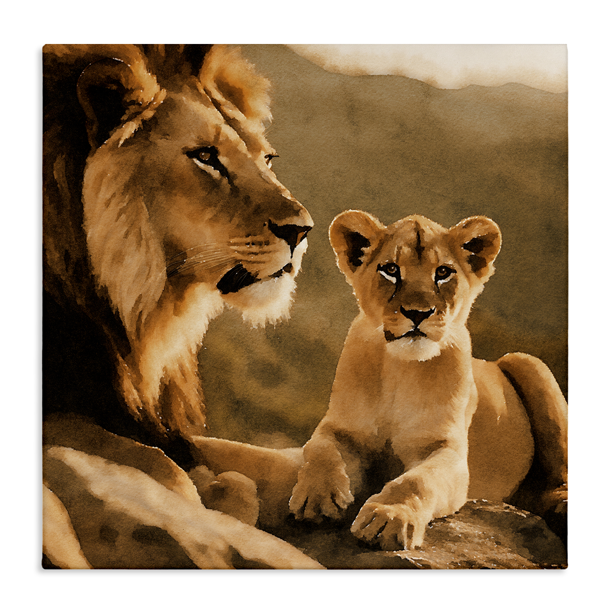Stupell Industries Lion & Cub Portrait Animals Painting Wrapped Canvas Art Print Wall Art, 17 x 17