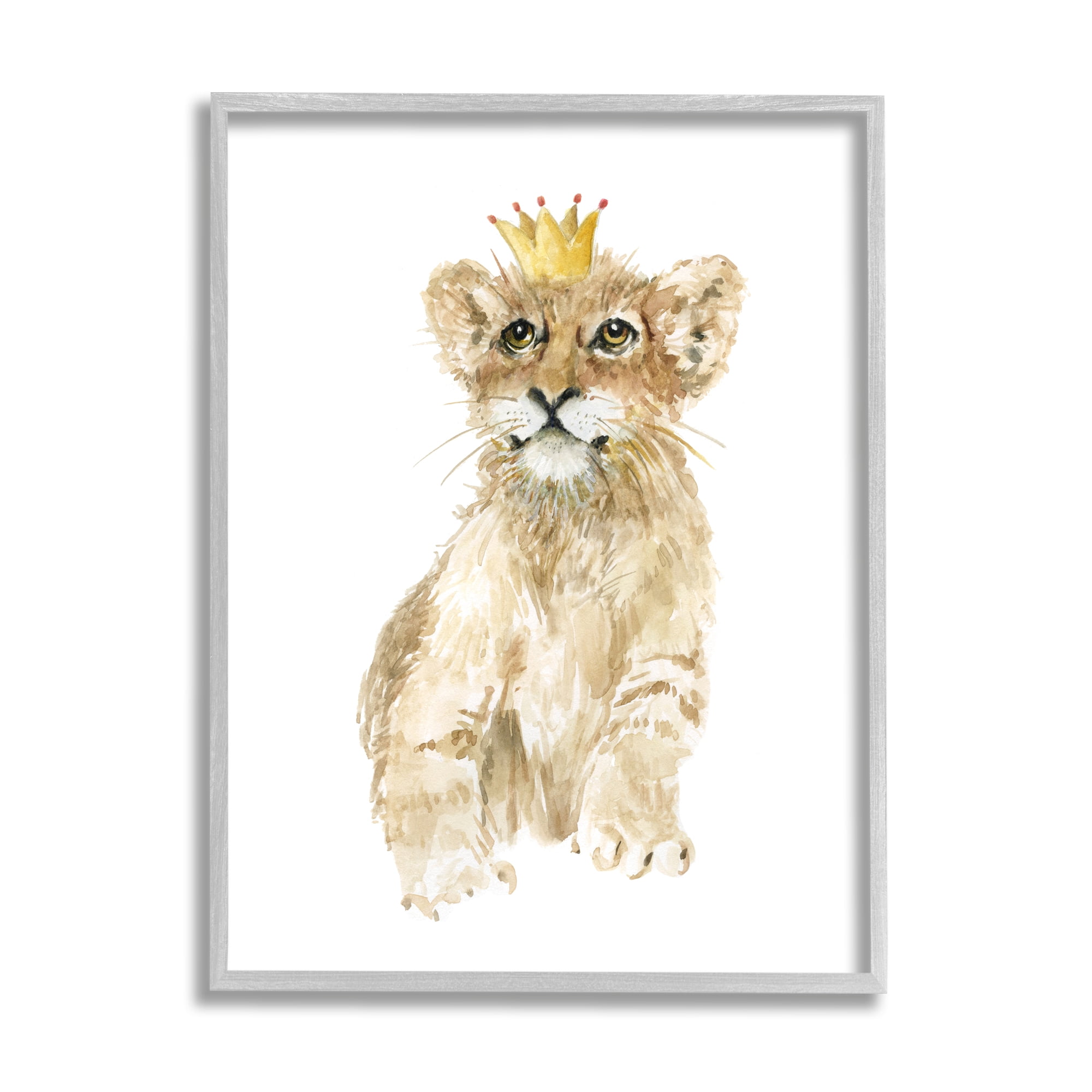 Stupell Industries Lion Cub with Royal Crown Prince Jungle Animal Animals & Insects Painting Gray Framed Art Print Wall Art, 16 x 20