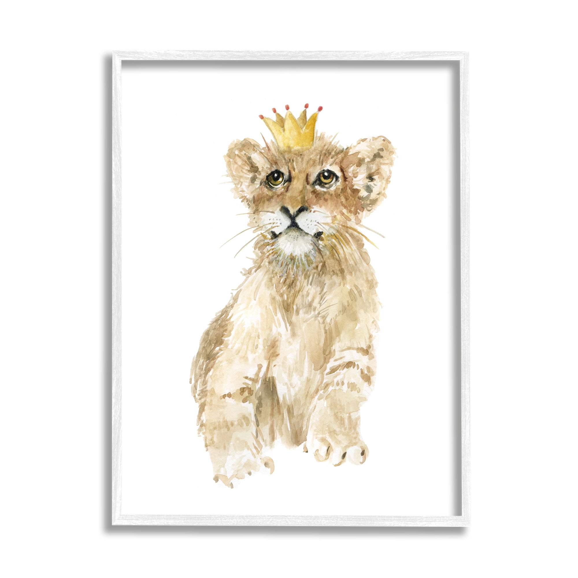 Stupell Industries Lion Cub with Royal Crown Prince Jungle Animal Animals & Insects Painting White Framed Art Print Wall Art, 11 x 14