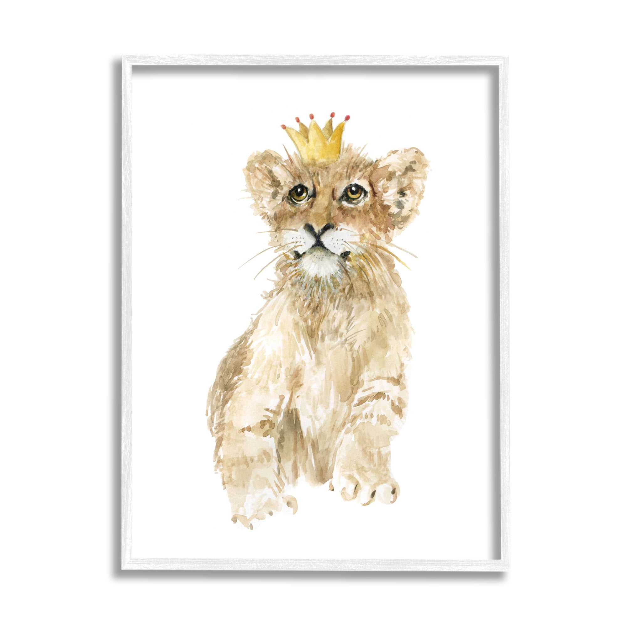 Stupell Industries Lion Cub with Royal Crown Prince Jungle Animal Animals & Insects Painting White Framed Art Print Wall Art, 16 x 20