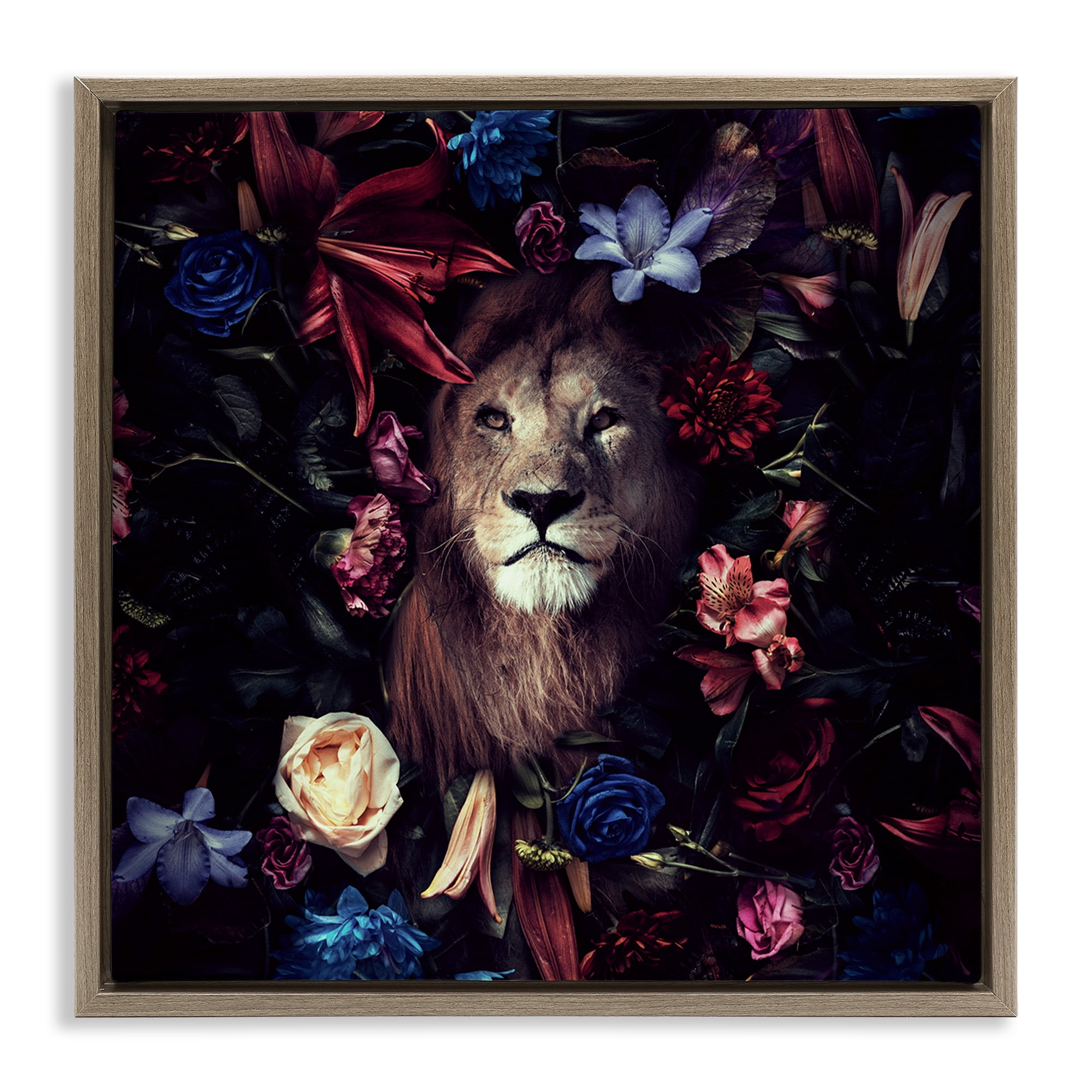 Stupell Industries Lion & Dark Blooms Animals Painting Brown Floater Framed Canvas Art Print Wall Art, 25 x 25