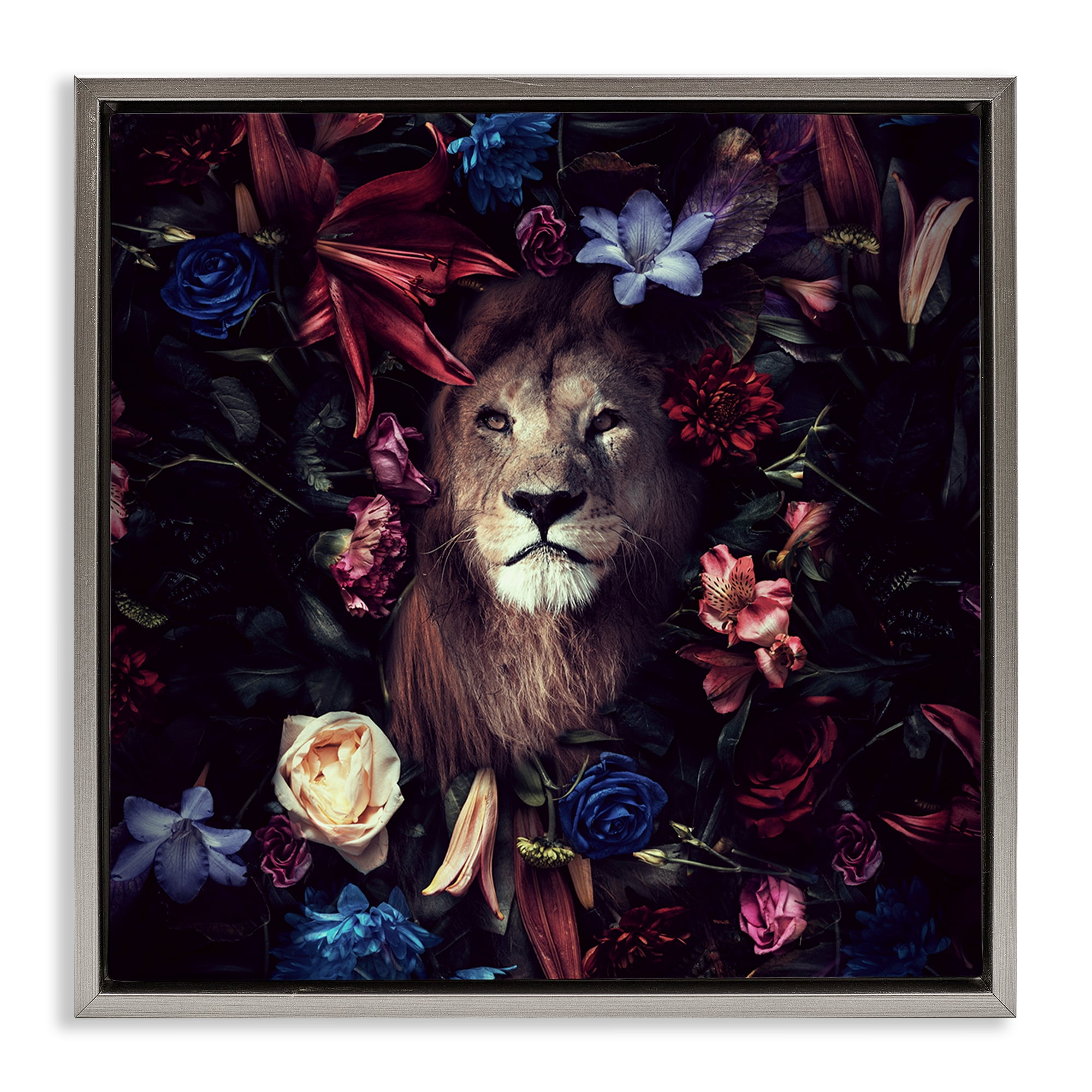 Stupell Industries Lion & Dark Blooms Animals Painting Gray Floater Framed Canvas Art Print Wall Art, 18 x 18