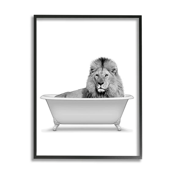 Stupell Industries Lion In Bathroom Tub Wildlife Animals & Insects Painting Black Framed Art Print Wall Art