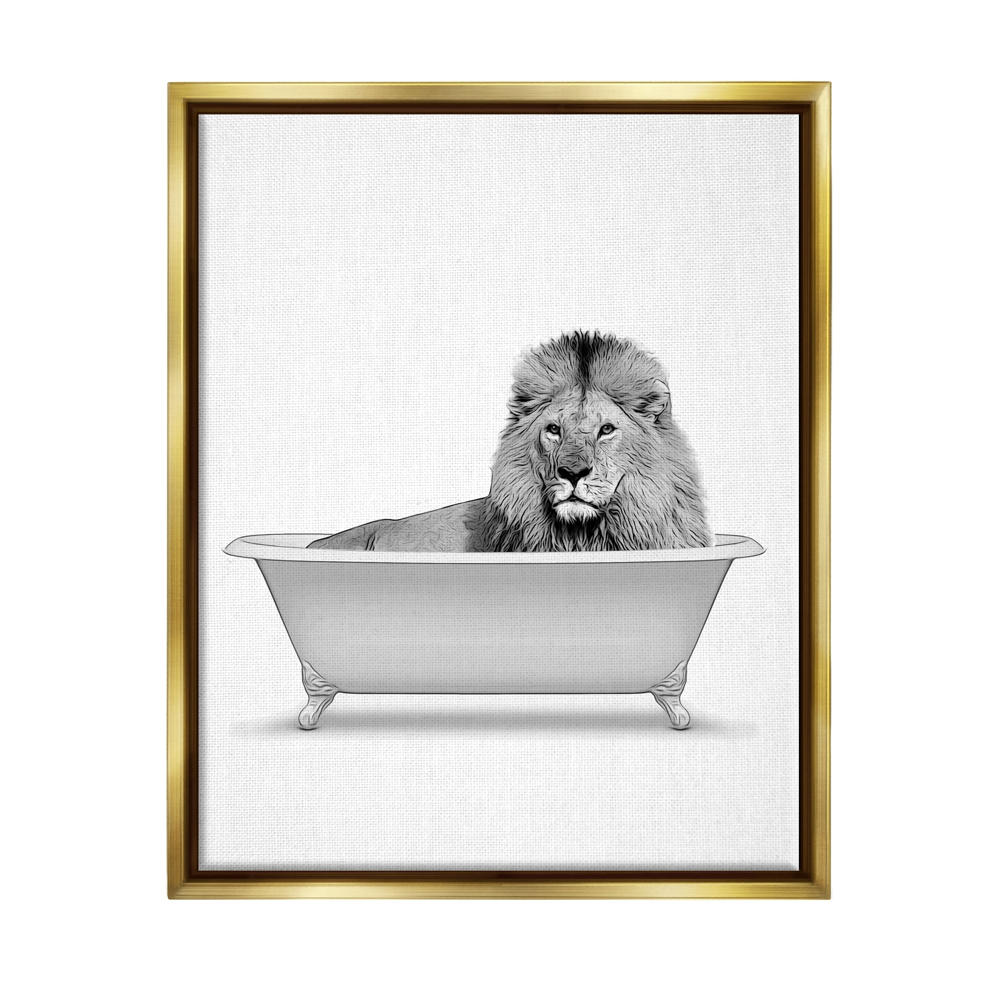 Stupell Industries Lion In Bathroom Tub Wildlife Animals & Insects Painting Gold Floater Framed Art Print Wall Art