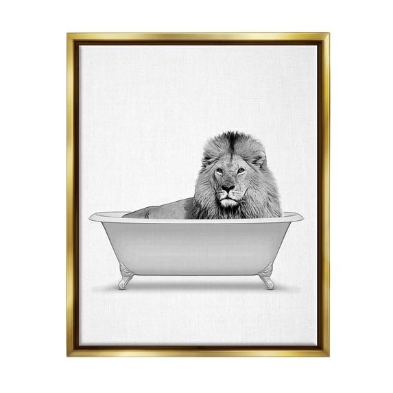 Stupell Industries Lion In Bathroom Tub Wildlife Animals & Insects Painting Gold Floater Framed Art Print Wall Art