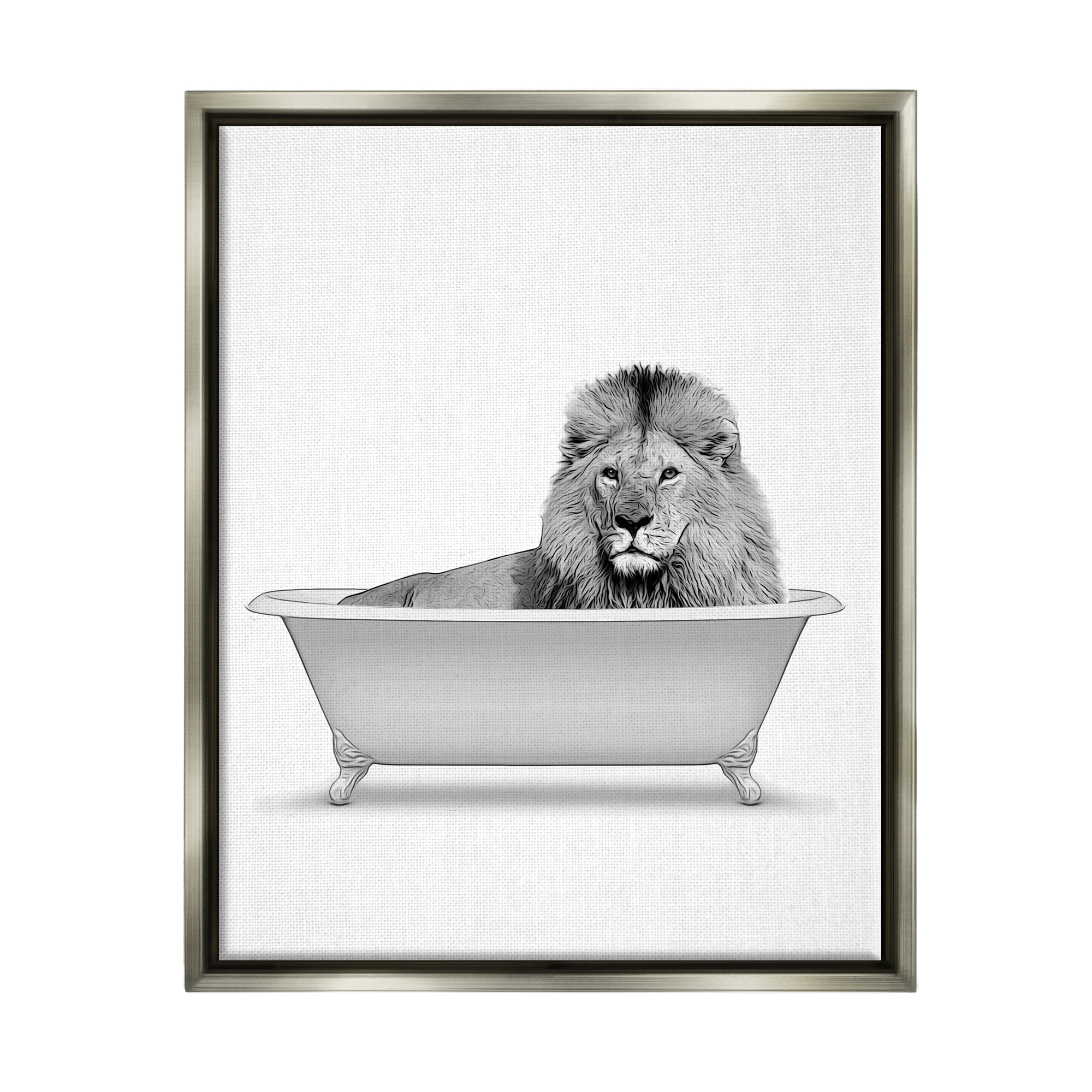 Stupell Industries Lion In Bathroom Tub Wildlife Animals & Insects Painting Gray Floater Framed Art Print Wall Art