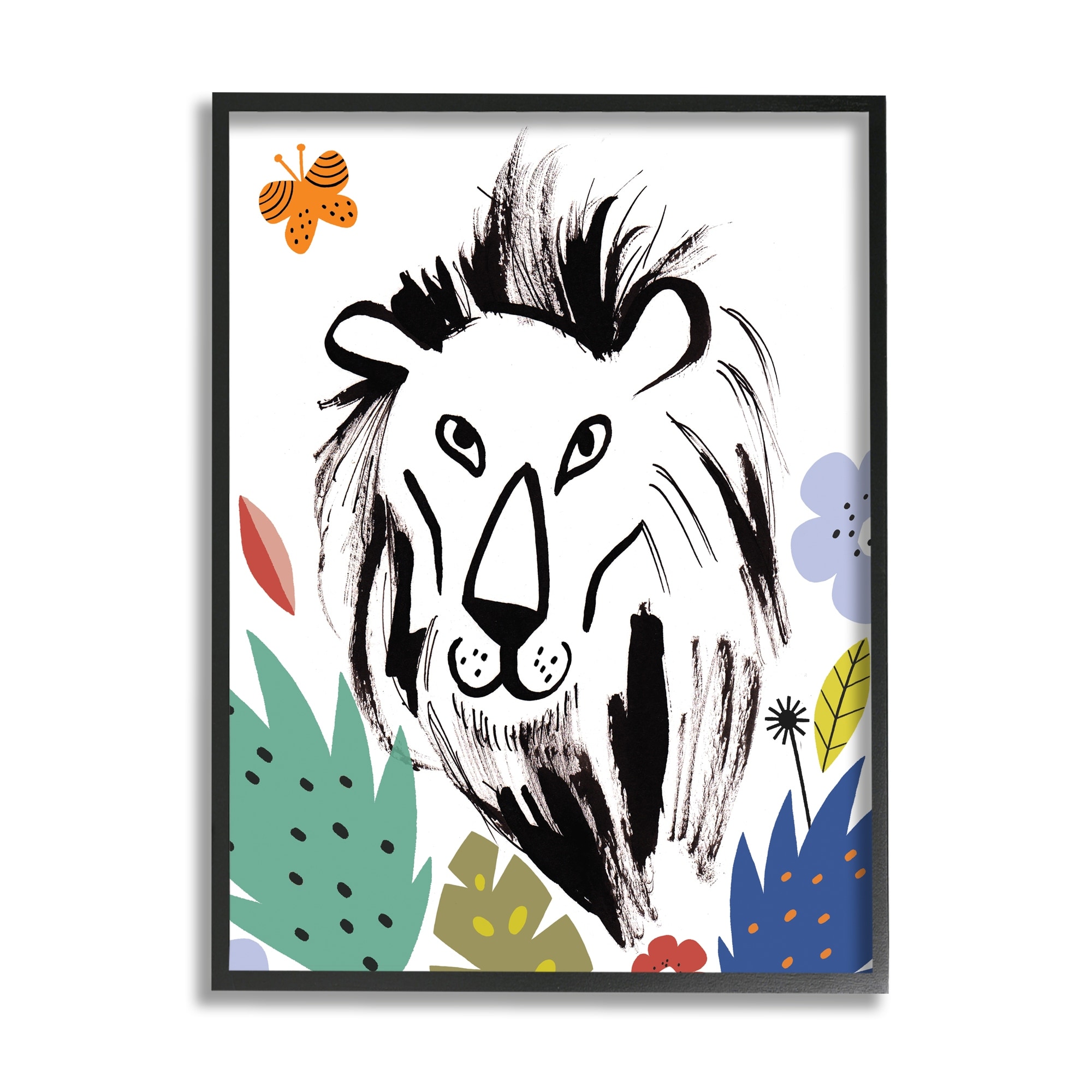 Stupell Industries Lion Jungle Vegetation Butterfly Doodle Safari Cat Portrait,11 x 14, Design by Abi Hall