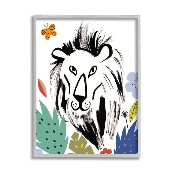 Stupell Industries Lion Jungle Vegetation Butterfly Doodle Safari Cat Portrait,16 x 20, Design by Abi Hall