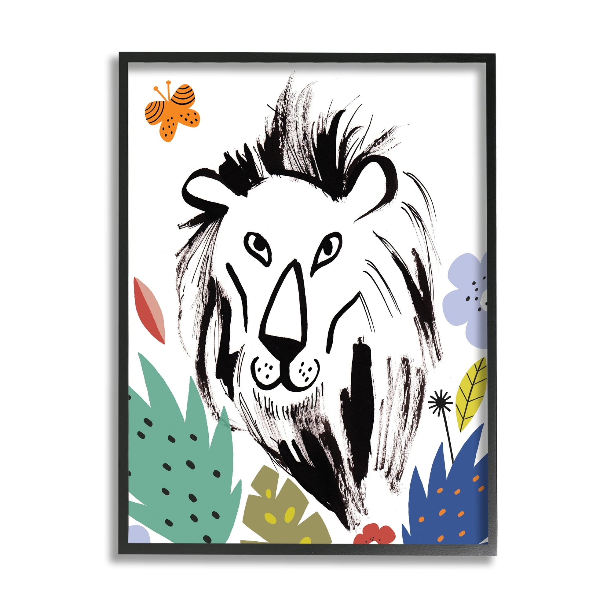 Stupell Industries Lion Jungle Vegetation Butterfly Doodle Safari Cat Portrait,16 x 20, Design by Abi Hall