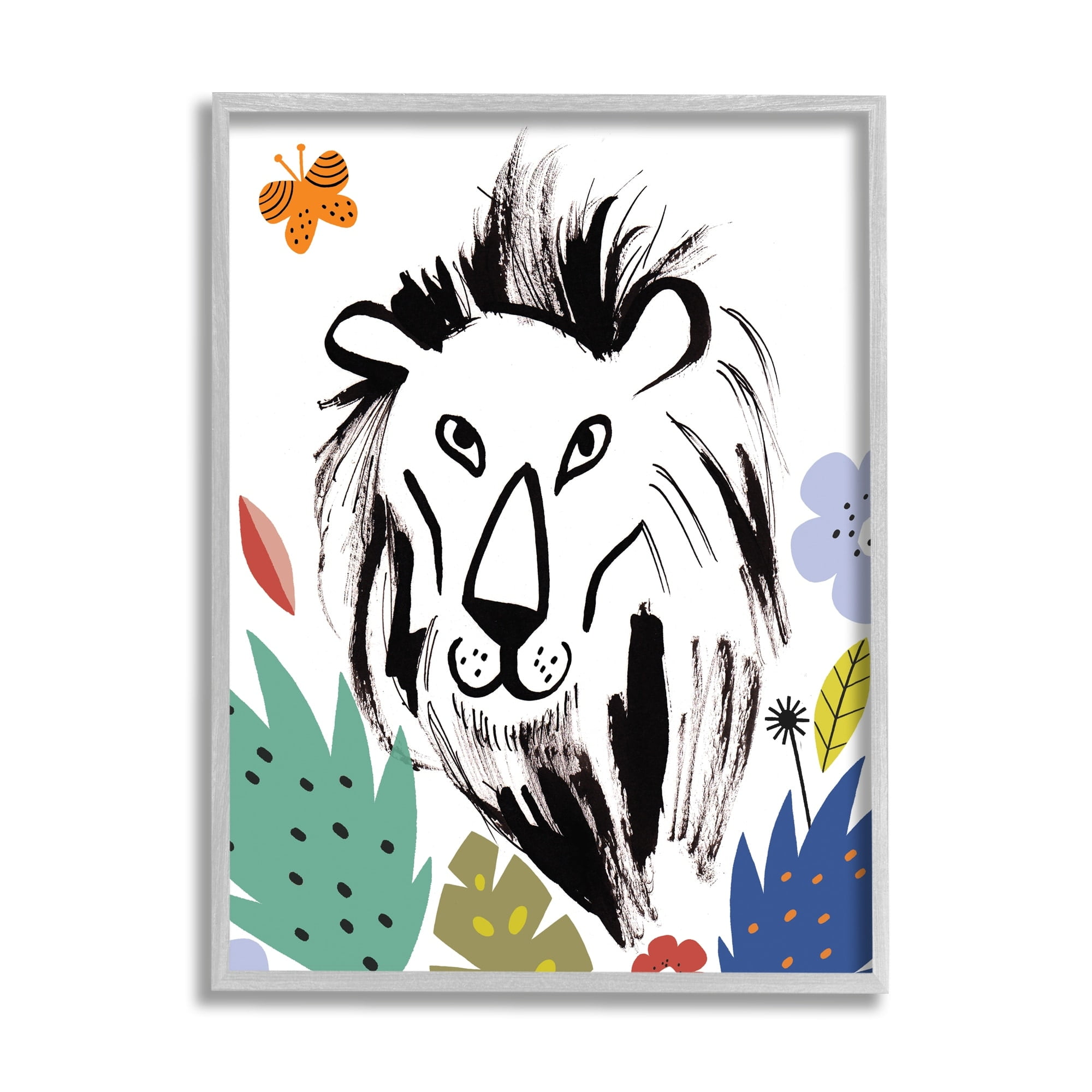 Stupell Industries Lion Jungle Vegetation Butterfly Doodle Safari Cat Portrait,24 x 30, Design by Abi Hall