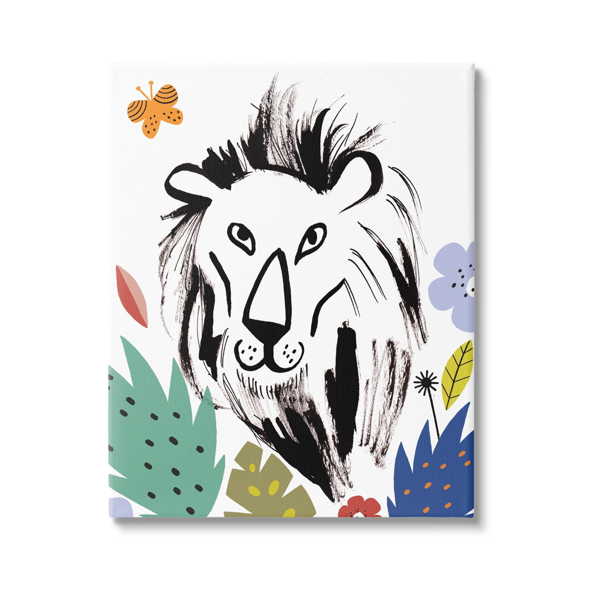 Stupell Industries Lion Jungle Vegetation Butterfly Doodle Safari Cat Portrait,30 x 40, Design by Abi Hall
