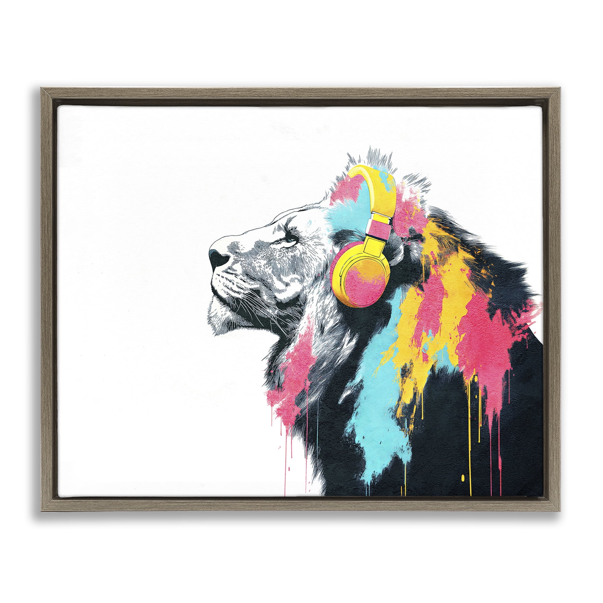 Stupell Industries Lion On Air Headphones Brown Framed Floater Canvas Wall Art, design by Svetlana Aleynikova