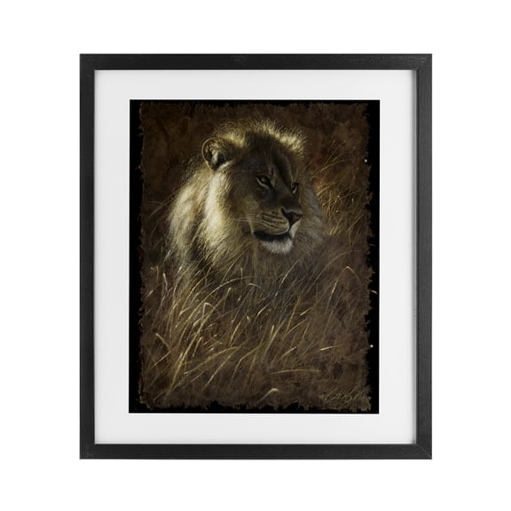 Stupell Industries Lion On Rustic Bark Black Framed Print Under Glass design by Collin Bogle, 21 x 17