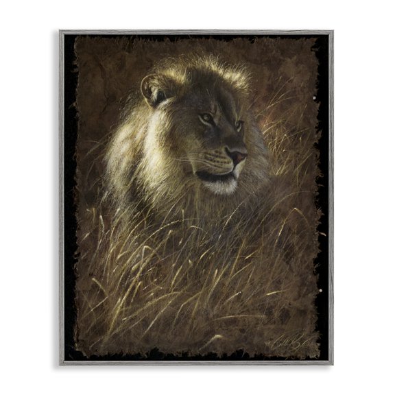 Stupell Industries Lion On Rustic Bark Gray Framed Giclee Art design by Collin Bogle, 20 x 16