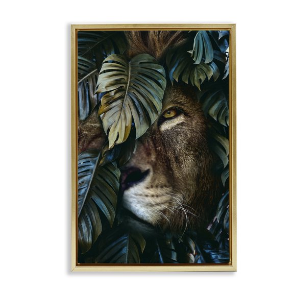 Stupell Industries Lion Peering Monstera Leaves Plants & Flowers Painting Gold Floater Framed Canvas Art Print Wall Art, 17 x 25