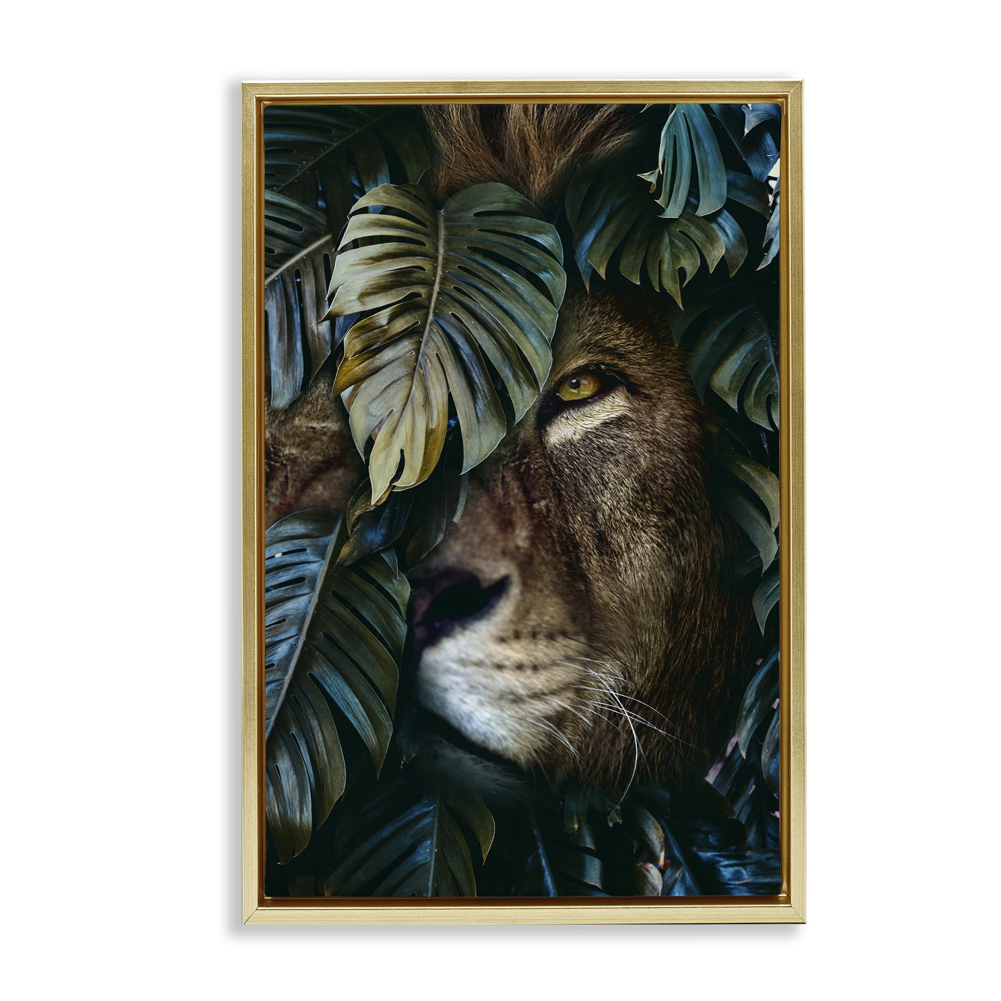 Stupell Industries Lion Peering Monstera Leaves Plants & Flowers Painting Gold Floater Framed Canvas Art Print Wall Art, 21 x 31