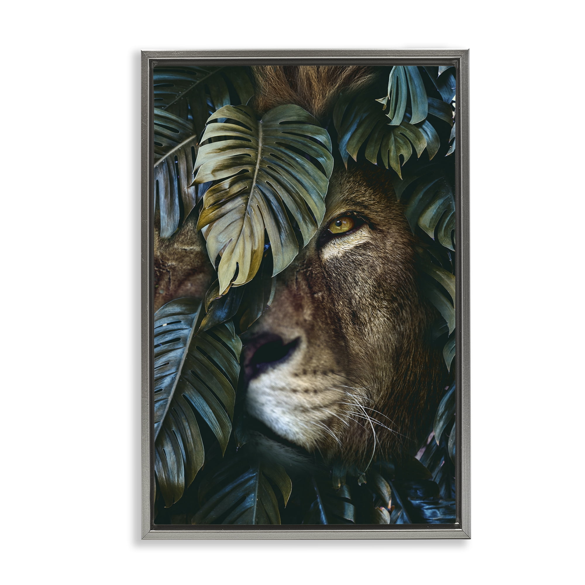 Stupell Industries Lion Peering Monstera Leaves Plants & Flowers Painting Gray Floater Framed Canvas Art Print Wall Art, 21 x 31