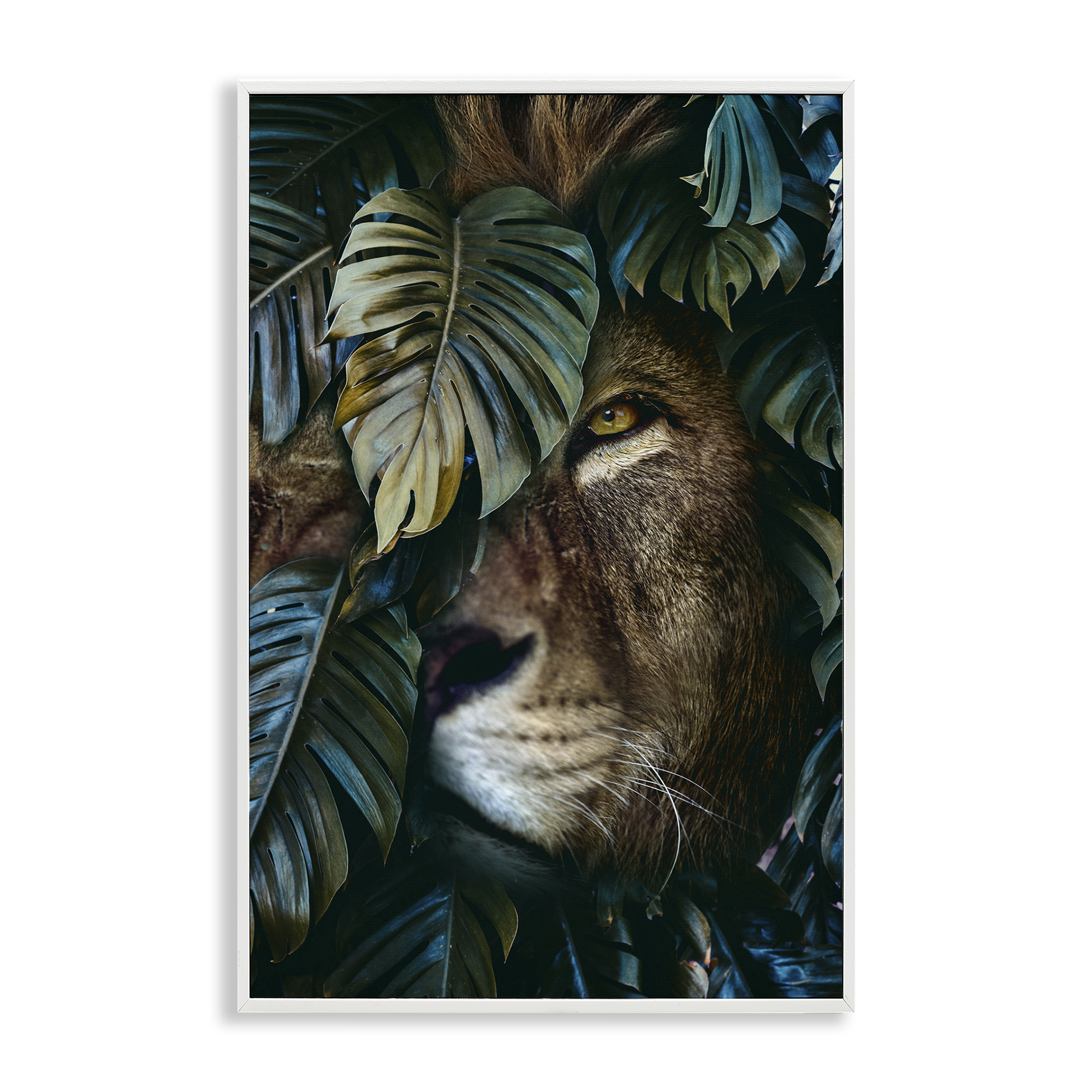 Stupell Industries Lion Peering Monstera Leaves Plants & Flowers Painting White Framed Art Print Wall Art, 16 x 24