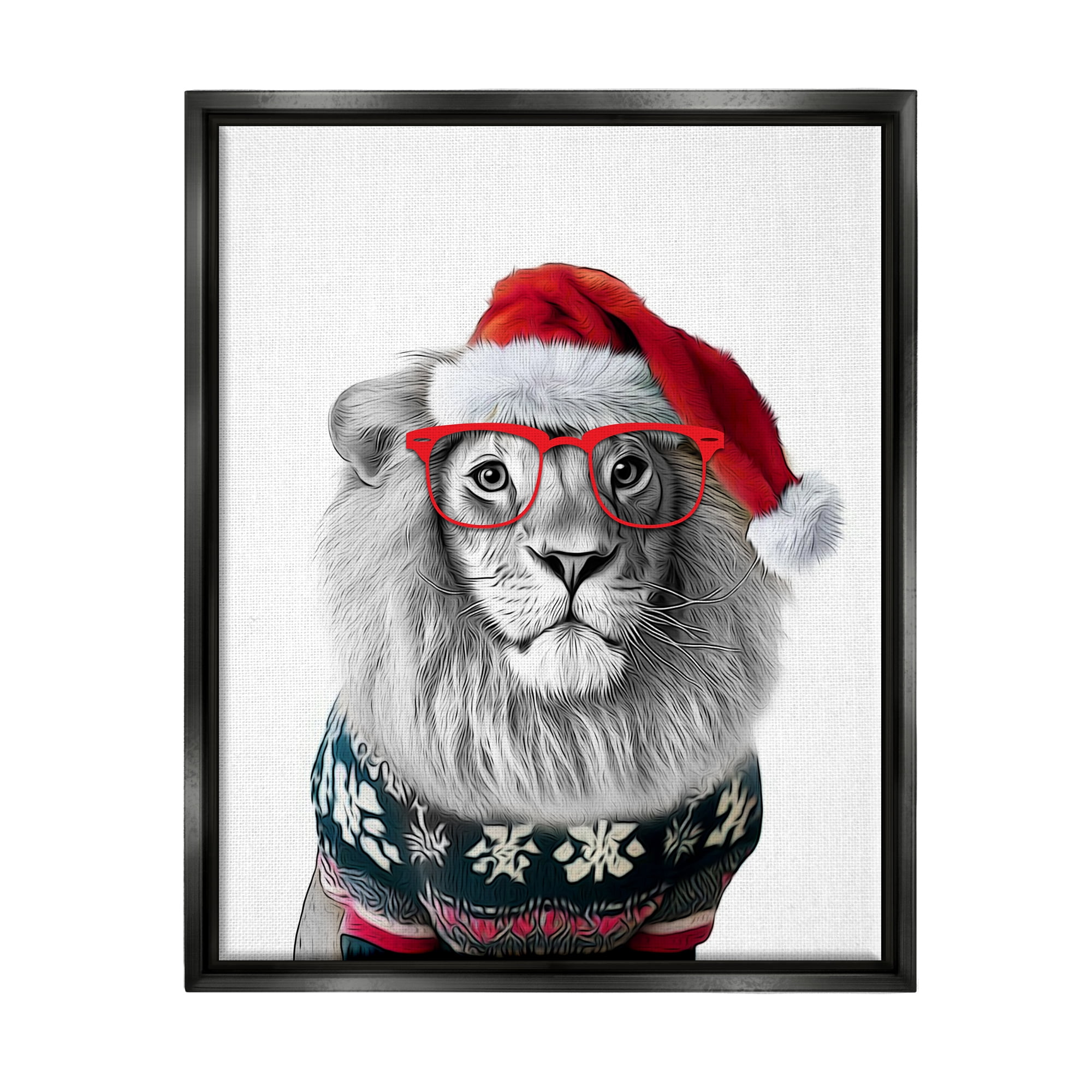 Stupell Industries Lion in Christmas Sweater Holiday Painting Black Floater Framed Canvas Art Print Wall Art, 25 x 31