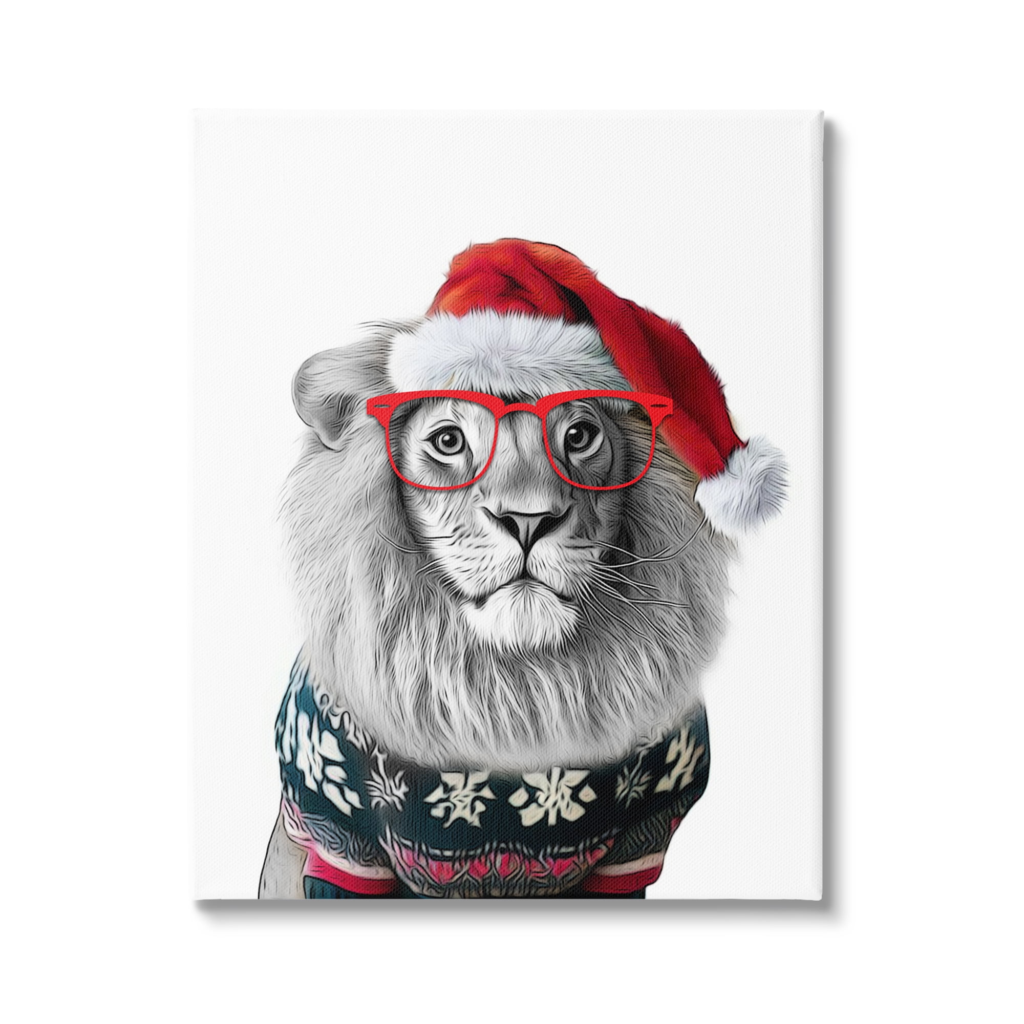 Stupell Industries Lion in Christmas Sweater Holiday Painting Gallery Wrapped Canvas Art Print Wall Art, 16 x 20