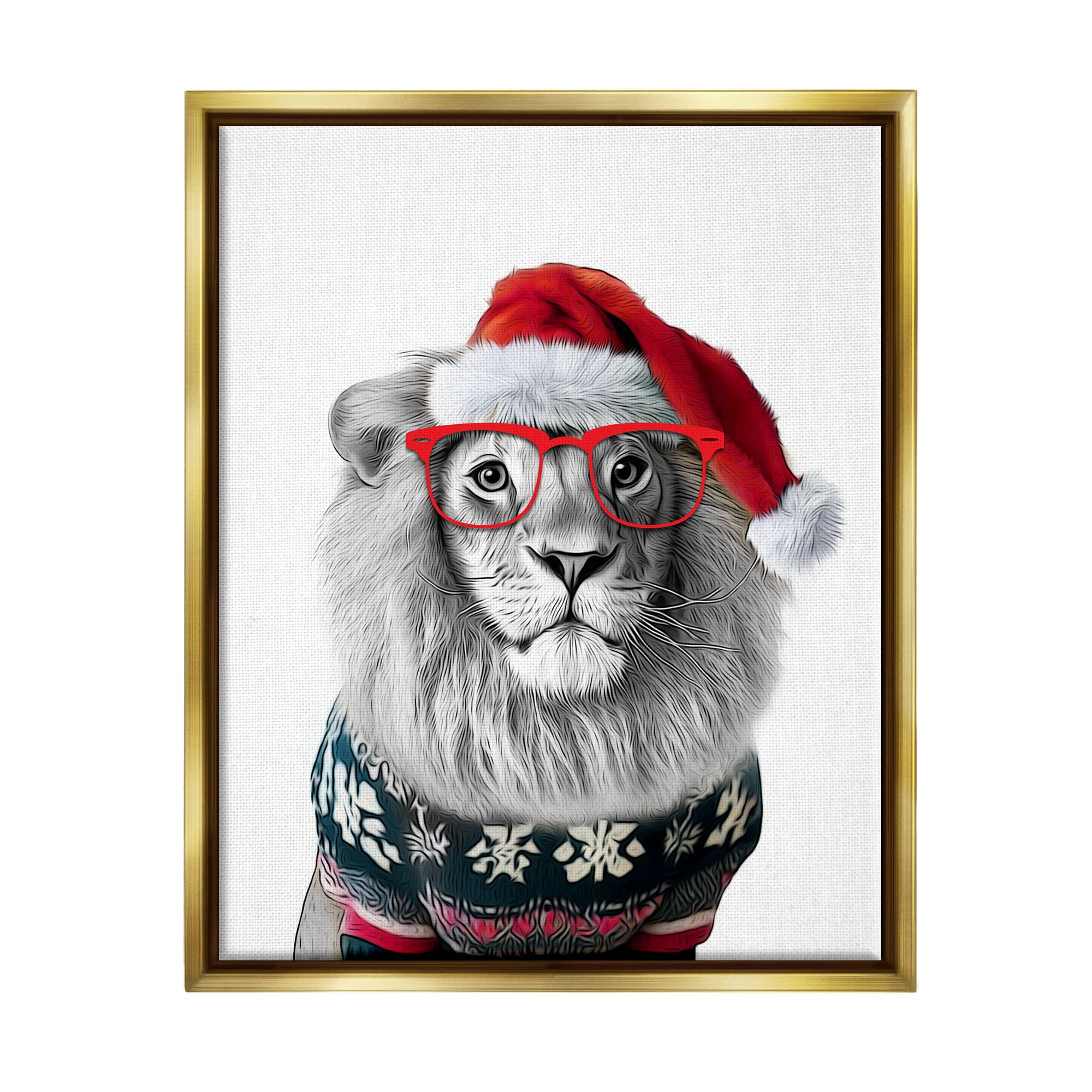 Stupell Industries Lion in Christmas Sweater Holiday Painting Gold Floater Framed Canvas Art Print Wall Art, 17 x 21