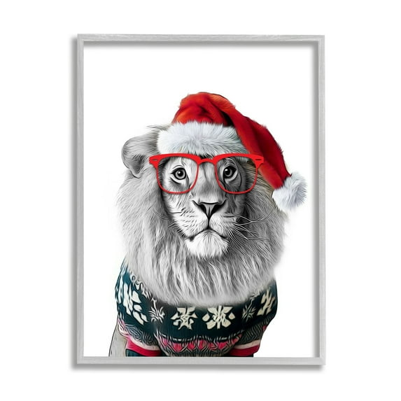 Stupell Industries Lion in Christmas Sweater Holiday Painting Gray Framed Art Print Wall Art, 24 x 30