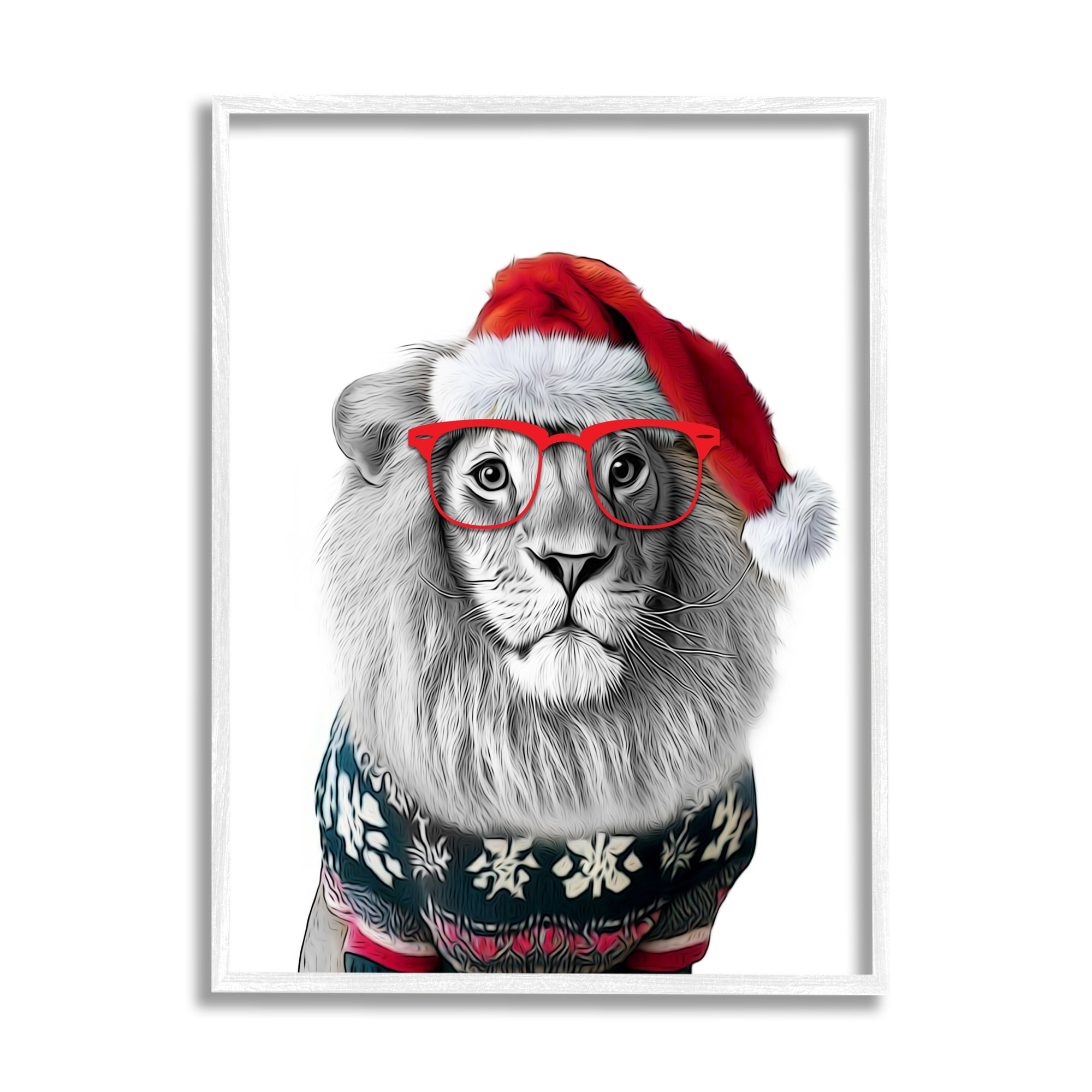 Stupell Industries Lion in Christmas Sweater Holiday Painting White Framed Art Print Wall Art, 24 x 30