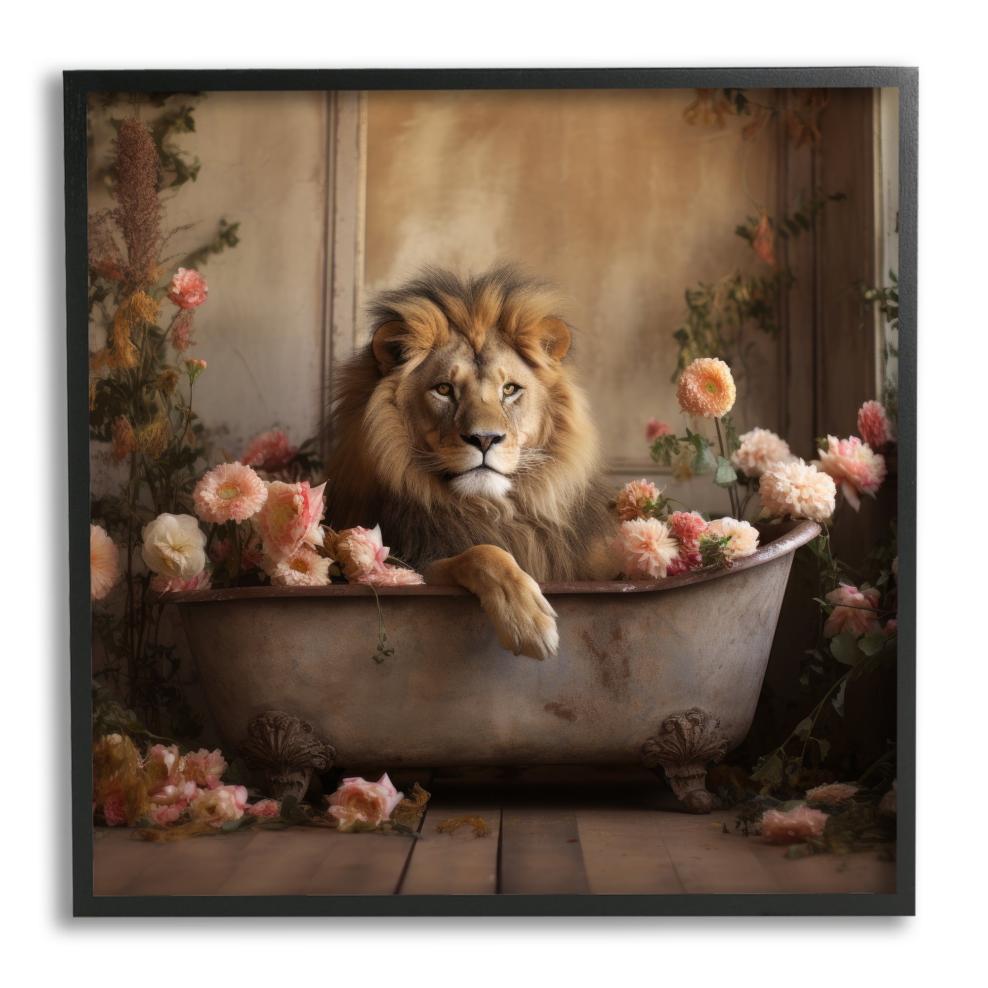 Stupell Industries Lion in Flower Filled Tub Animals & Insects Painting Black Framed Art Print Wall Art, 24 x 24