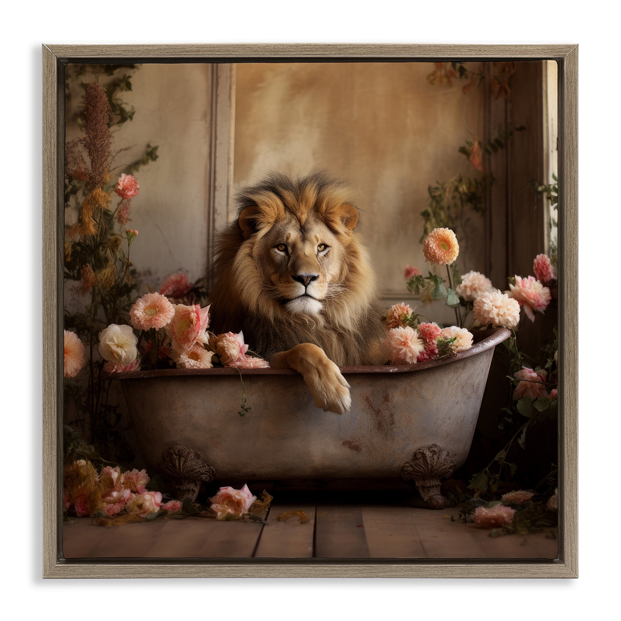 Stupell Industries Lion in Flower Filled Tub Animals & Insects Painting Brown Floater Framed Canvas Art Print Wall Art, 25 x 25