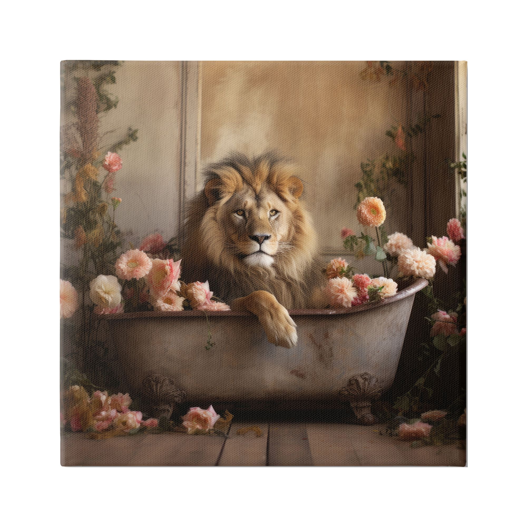 Stupell Industries Lion in Flower Filled Tub Animals & Insects Painting Gallery Wrapped Canvas Art Print Wall Art, 30 x 30