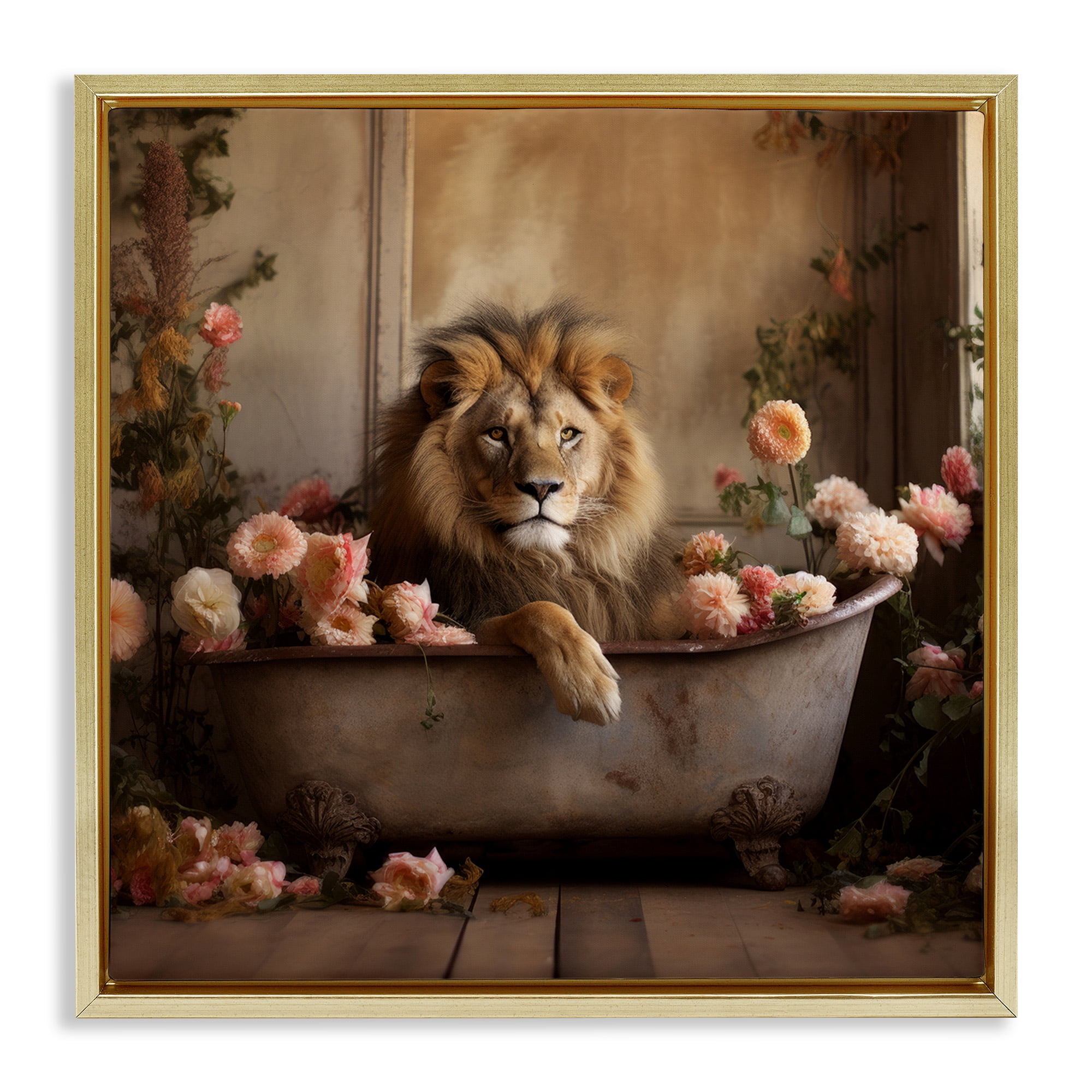 Stupell Industries Lion in Flower Filled Tub Animals & Insects Painting Gold Floater Framed Canvas Art Print Wall Art, 25 x 25