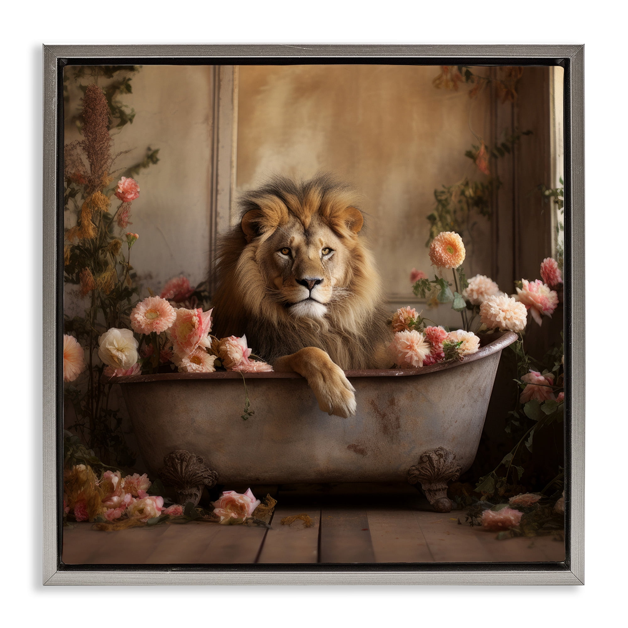 Stupell Industries Lion in Flower Filled Tub Animals & Insects Painting Gray Floater Framed Canvas Art Print Wall Art, 18 x 18