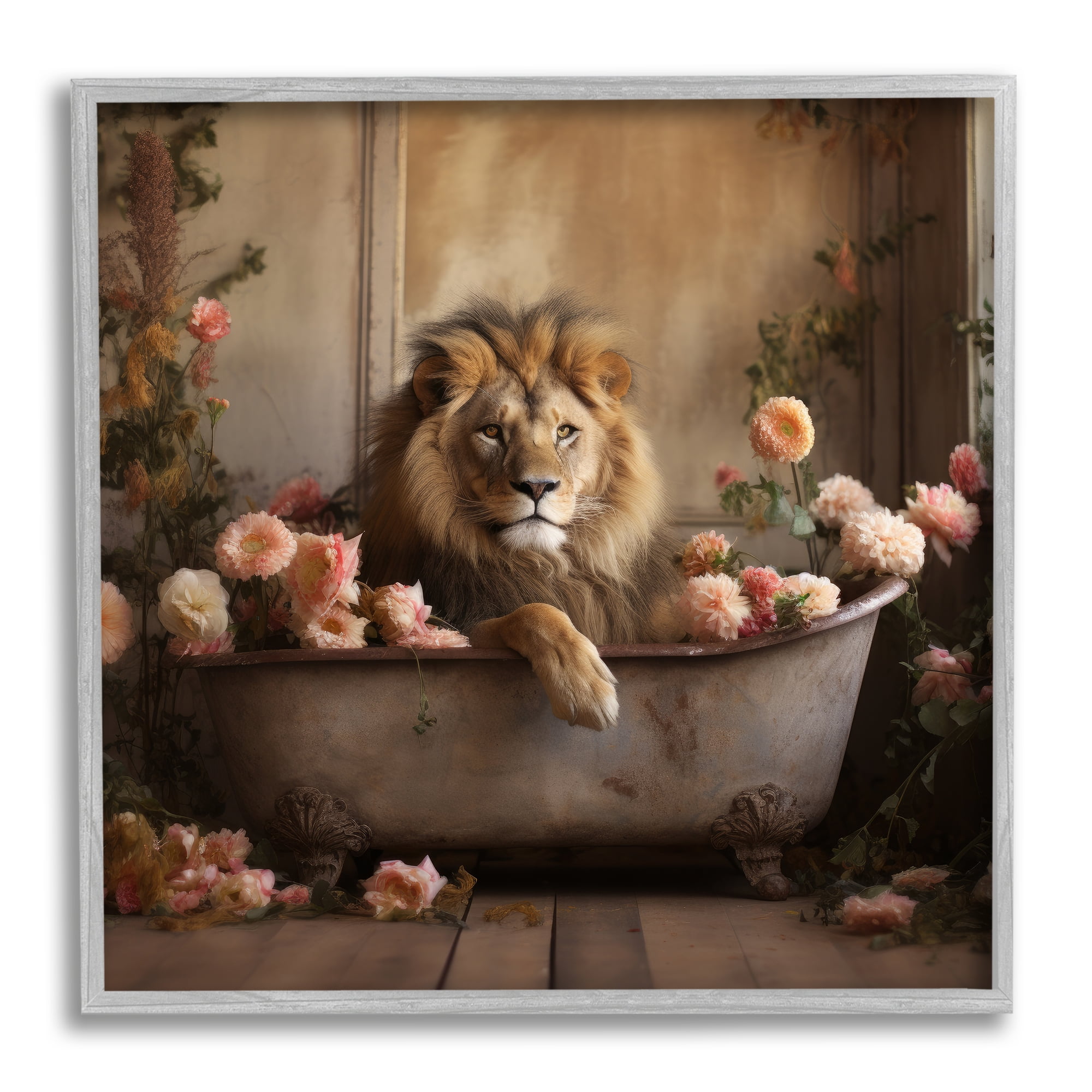 Stupell Industries Lion in Flower Filled Tub Animals & Insects Painting Gray Framed Art Print Wall Art, 24 x 24