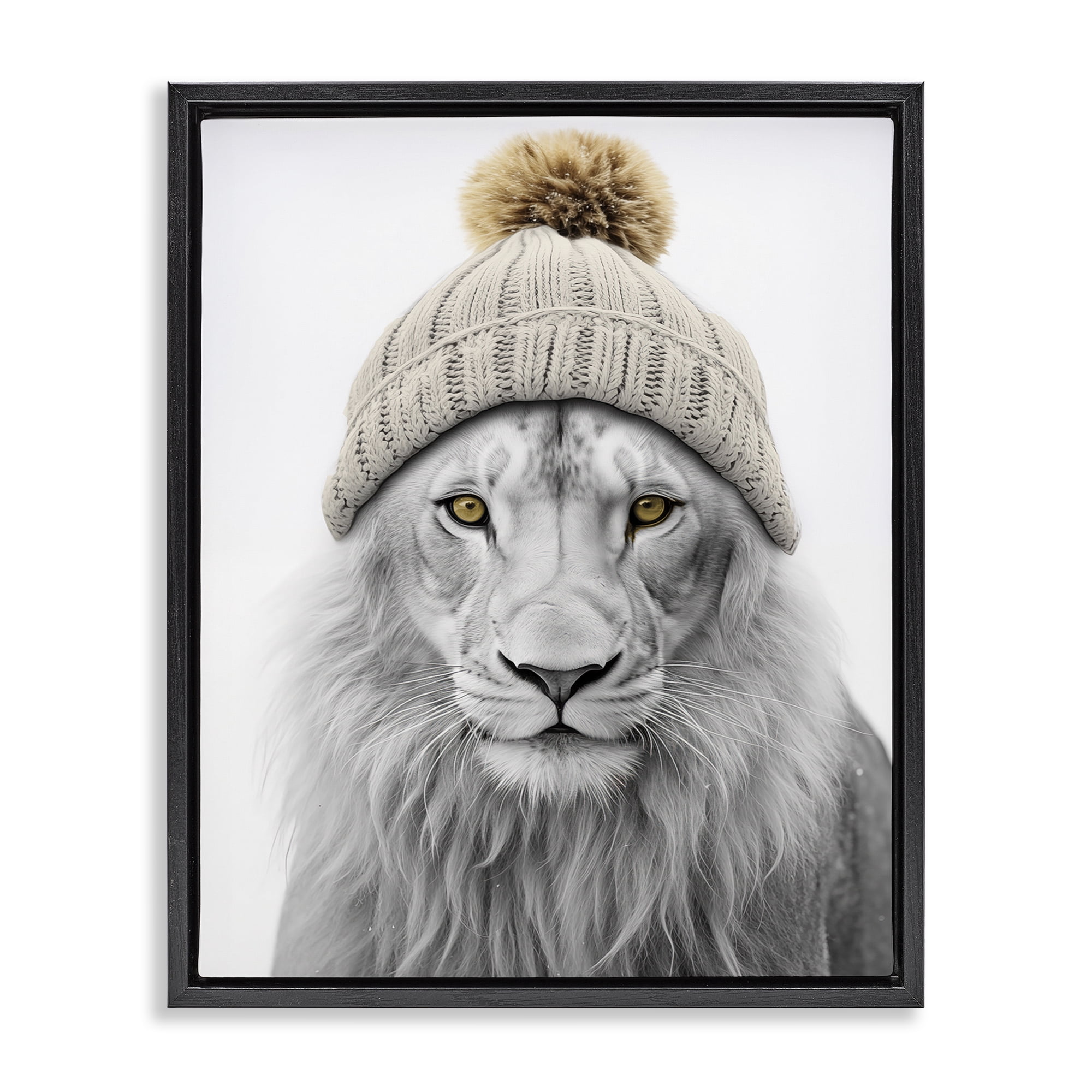 Stupell Industries Lion in Winter Hat Animals & Insects Painting Black Floater Framed Canvas Art Print Wall Art, 25 x 31